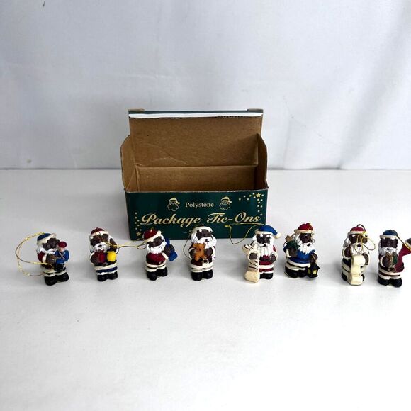 Set of 8 NEW Miniature 1” Christmas Ornaments Package Tie - Ons Black Santa - Picture 1 of 13
